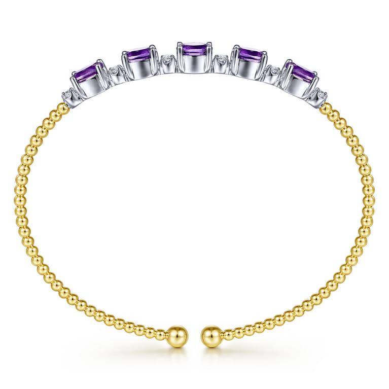 14K White-Yellow Gold Bujukan Bead Cuff Bracelet with Amethyst and Diamond Stations - 0.2 ct - Shot 3