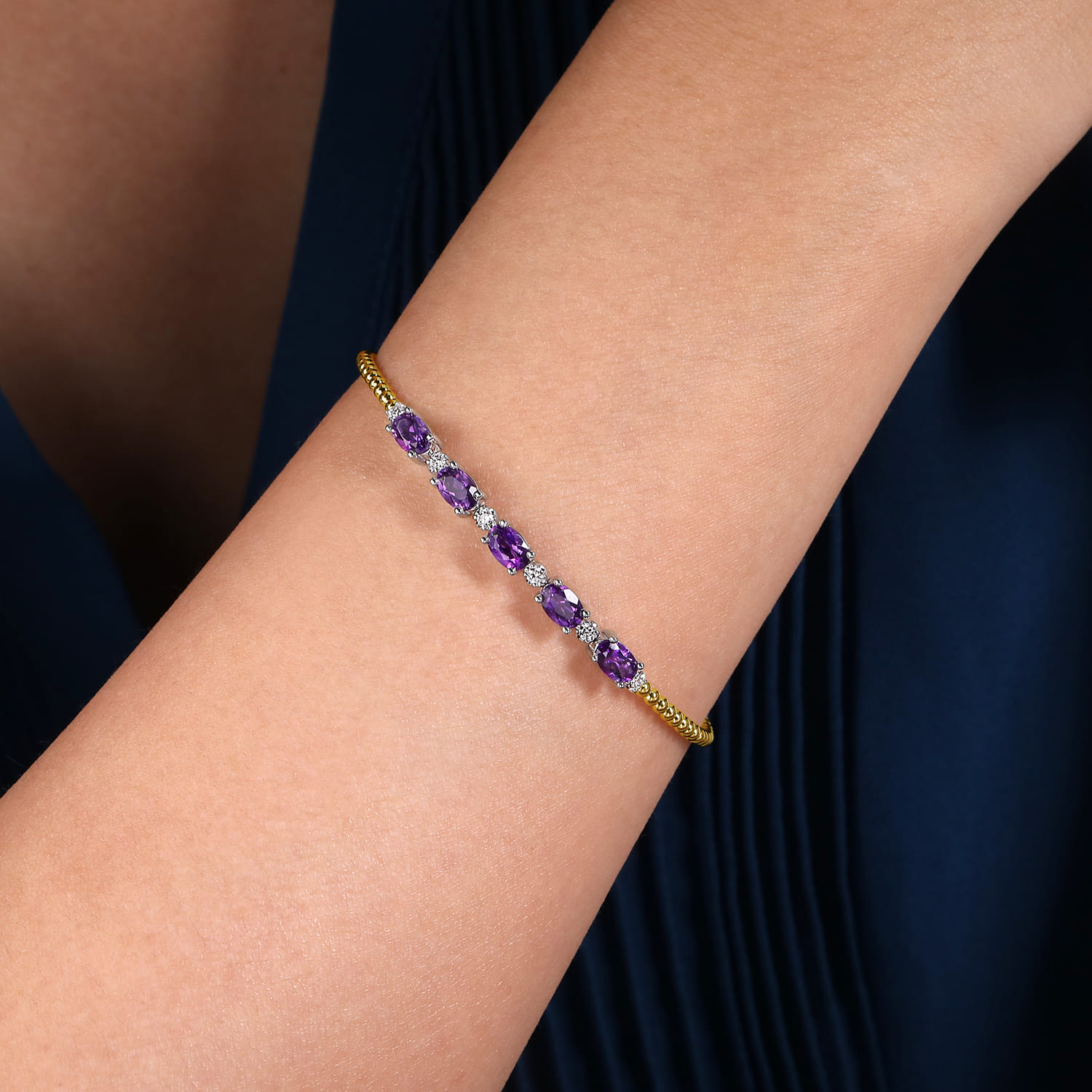 14K White-Yellow Gold Bujukan Bead Cuff Bracelet with Amethyst and Diamond Stations