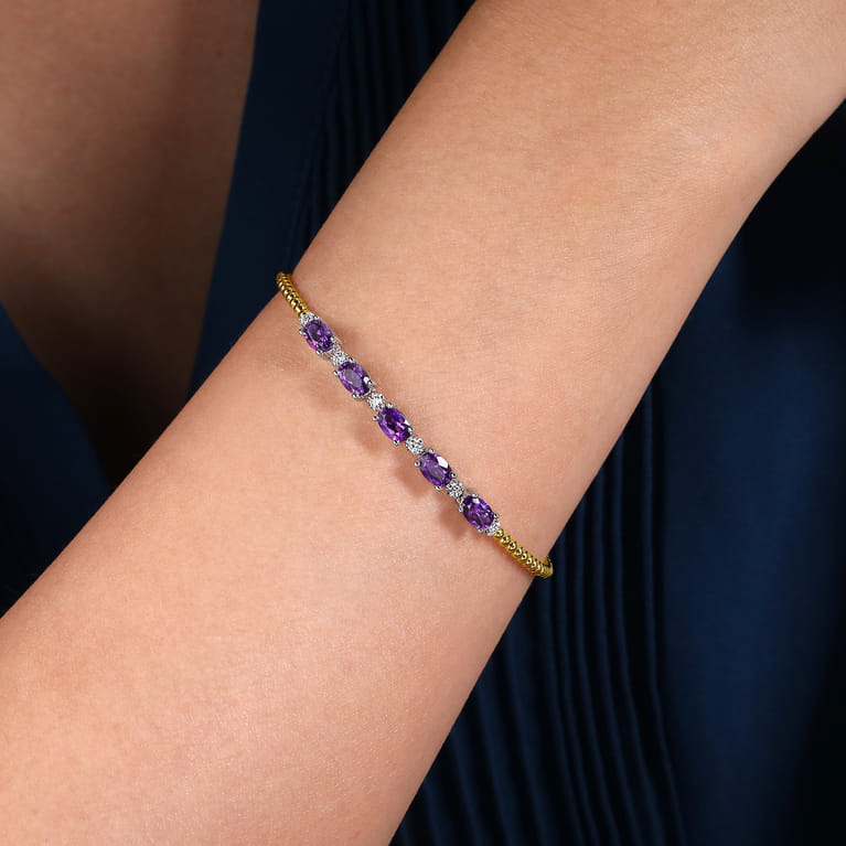 14K White-Yellow Gold Bujukan Bead Cuff Bracelet with Amethyst and Diamond Stations - 0.2 ct - Shot 4