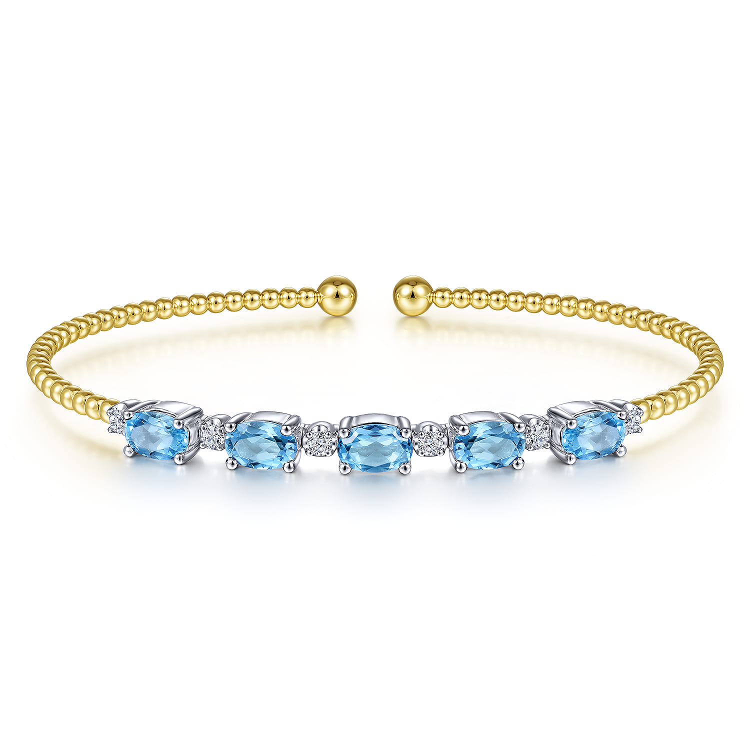 14K White-Yellow Gold Bujukan Bead Cuff Bracelet with Blue Topaz and Diamond Stations - 0.21 ct - Shot 1
