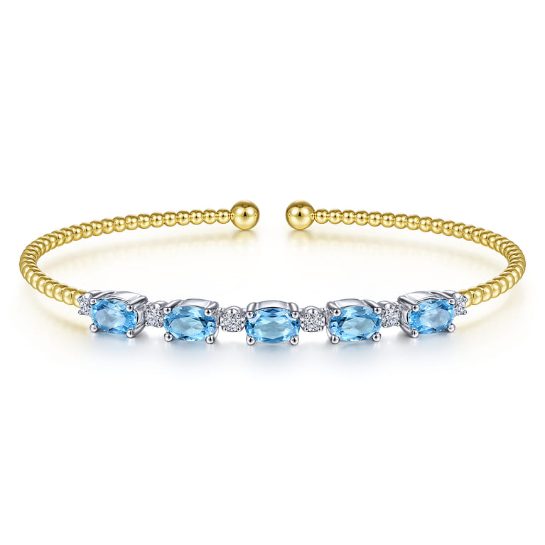 14K White-Yellow Gold Bujukan Bead Cuff Bracelet with Blue Topaz and Diamond Stations - 0.21 ct - Shot 1