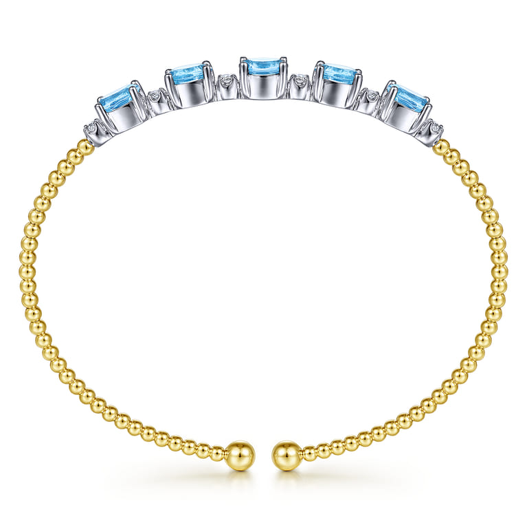 14K White-Yellow Gold Bujukan Bead Cuff Bracelet with Blue Topaz and Diamond Stations - 0.21 ct - Shot 3
