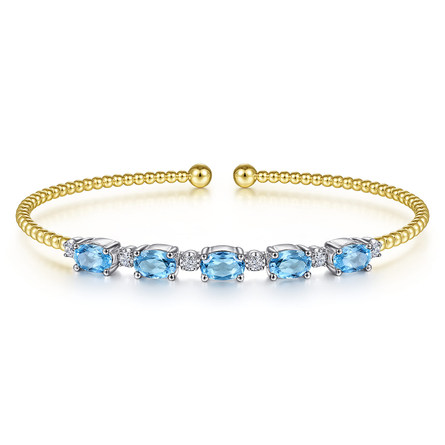 14K White-Yellow Gold Bujukan Bead Cuff Bracelet with Blue Topaz and Diamond Stations - 0.21 ct - Shot 1