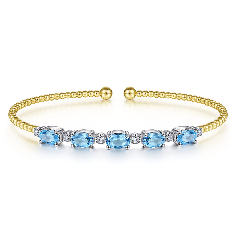 14K White-Yellow Gold Bujukan Bead Cuff Bracelet with Blue Topaz and Diamond Stations - 0.21 ct - Shot 1