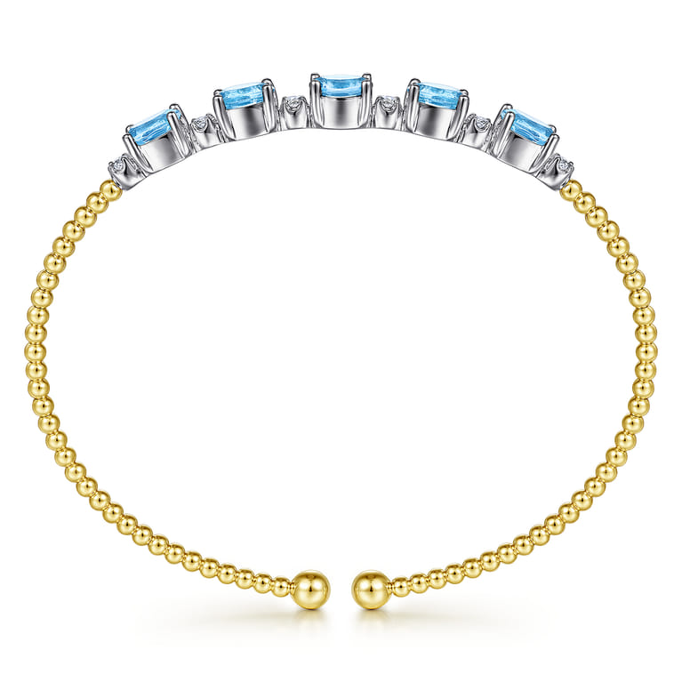 14K White-Yellow Gold Bujukan Bead Cuff Bracelet with Blue Topaz and Diamond Stations - 0.21 ct - Shot 3