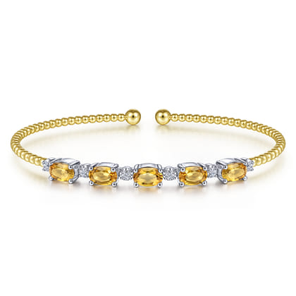14K White-Yellow Gold Bujukan Bead Cuff Bracelet with Citrine and Diamond Stations
