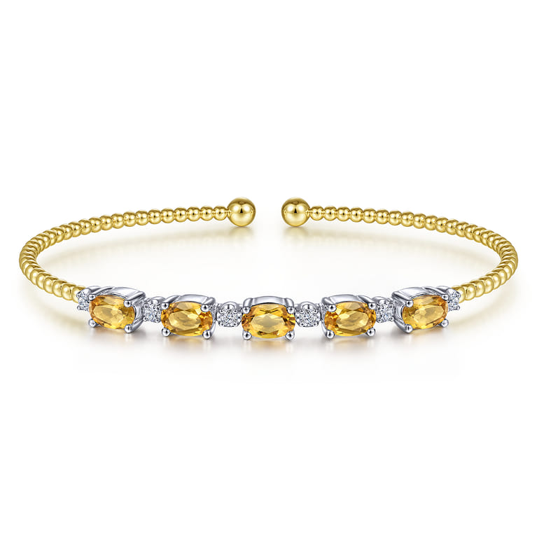 14K White-Yellow Gold Bujukan Bead Cuff Bracelet with Citrine and Diamond Stations - 0.21 ct - Shot 1
