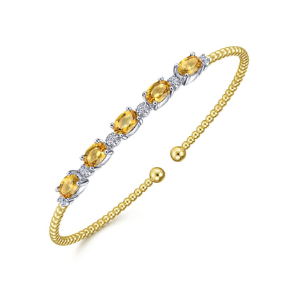 14K White-Yellow Gold Bujukan Bead Cuff Bracelet with Citrine and Diamond Stations