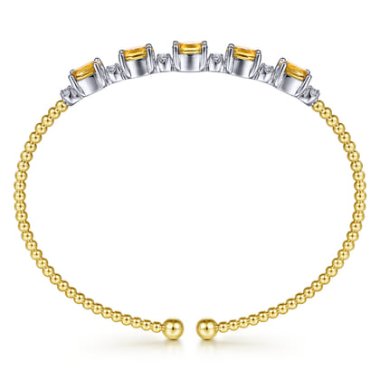 14K White-Yellow Gold Bujukan Bead Cuff Bracelet with Citrine and Diamond Stations