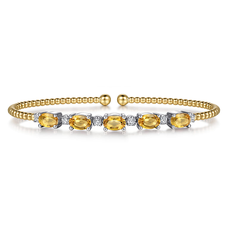 14K White-Yellow Gold Bujukan Bead Cuff Bracelet with Citrine and Diamond Stations - 0.21 ct - Shot 1