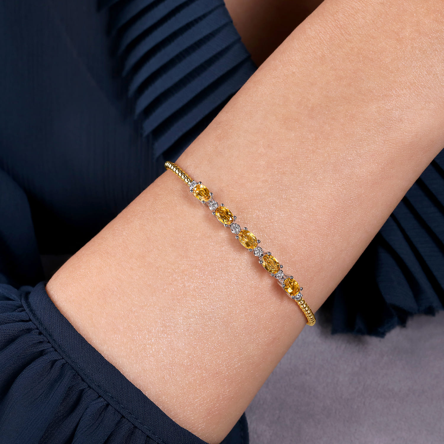 14K White-Yellow Gold Bujukan Bead Cuff Bracelet with Citrine and Diamond Stations - 0.21 ct - Shot 4