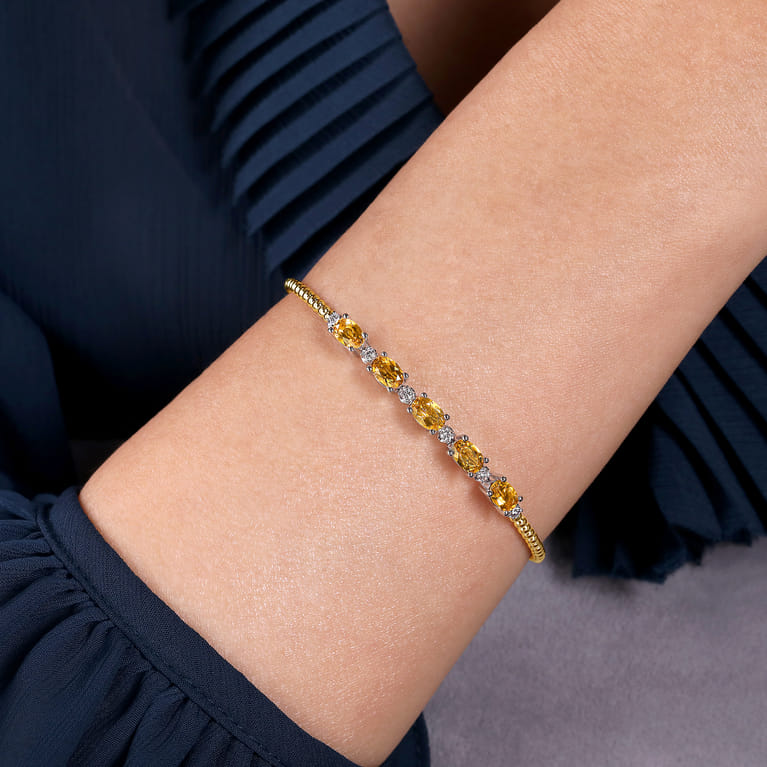 14K White-Yellow Gold Bujukan Bead Cuff Bracelet with Citrine and Diamond Stations - 0.21 ct - Shot 4