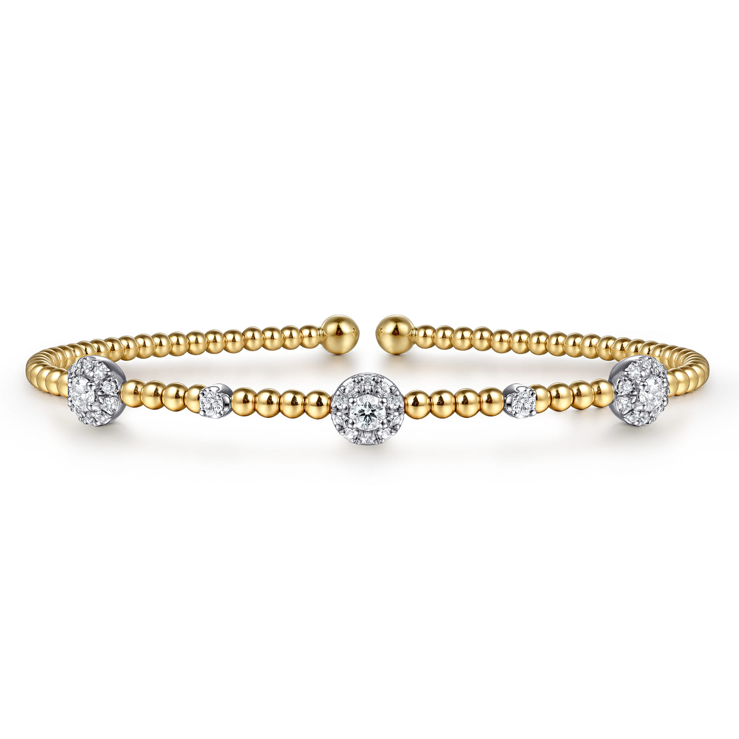 14K White-Yellow Gold Bujukan Bead Cuff Bracelet with Diamond Cluster Stations - 0.5 ct - Shot 1