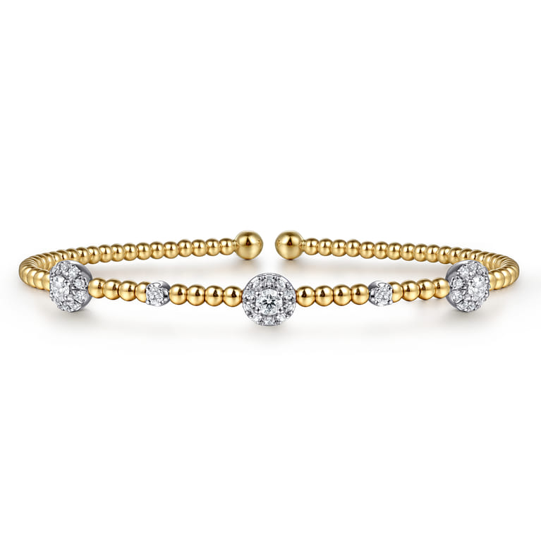 14K White-Yellow Gold Bujukan Bead Cuff Bracelet with Diamond Cluster Stations - 0.5 ct - Shot 1