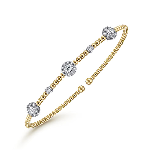 14K White-Yellow Gold Bujukan Bead Cuff Bracelet with Diamond Cluster Stations - 0.51 ct - Shot 2