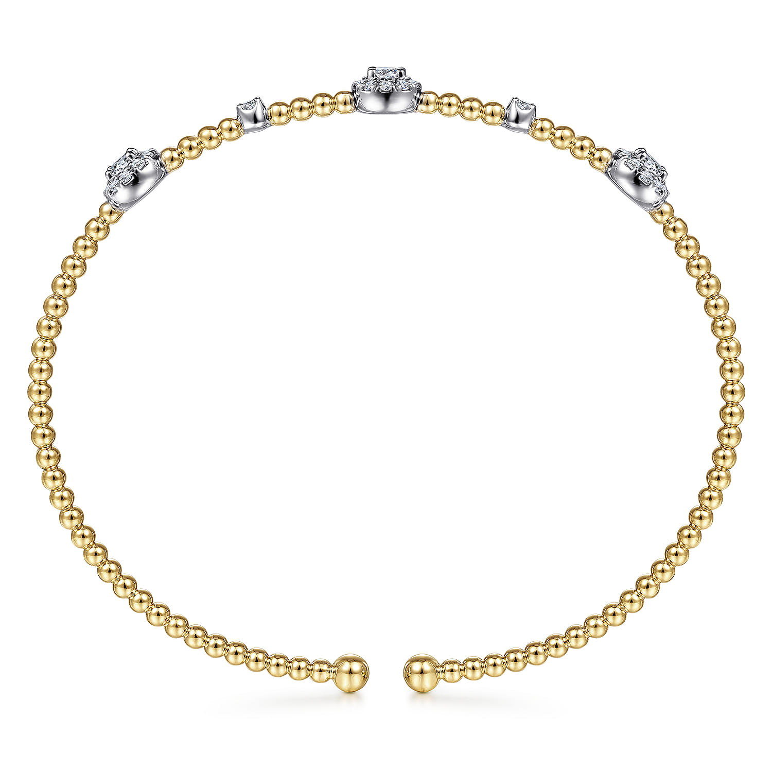 14K White-Yellow Gold Bujukan Bead Cuff Bracelet with Diamond Cluster Stations - 0.5 ct - Shot 3