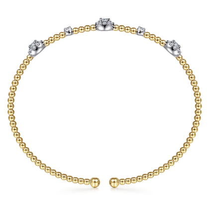 14K White-Yellow Gold Bujukan Bead Cuff Bracelet with Diamond Cluster Stations