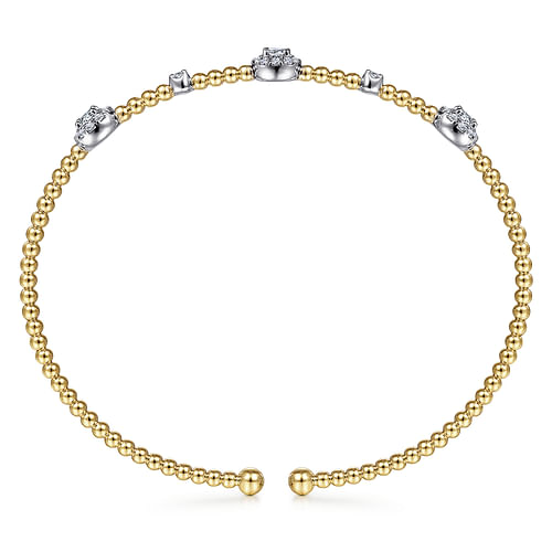 14K White-Yellow Gold Bujukan Bead Cuff Bracelet with Diamond Cluster Stations - 0.51 ct - Shot 3