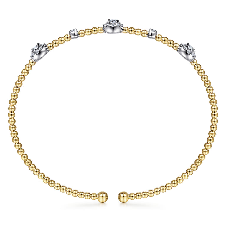 14K White-Yellow Gold Bujukan Bead Cuff Bracelet with Diamond Cluster Stations - 0.5 ct - Shot 3
