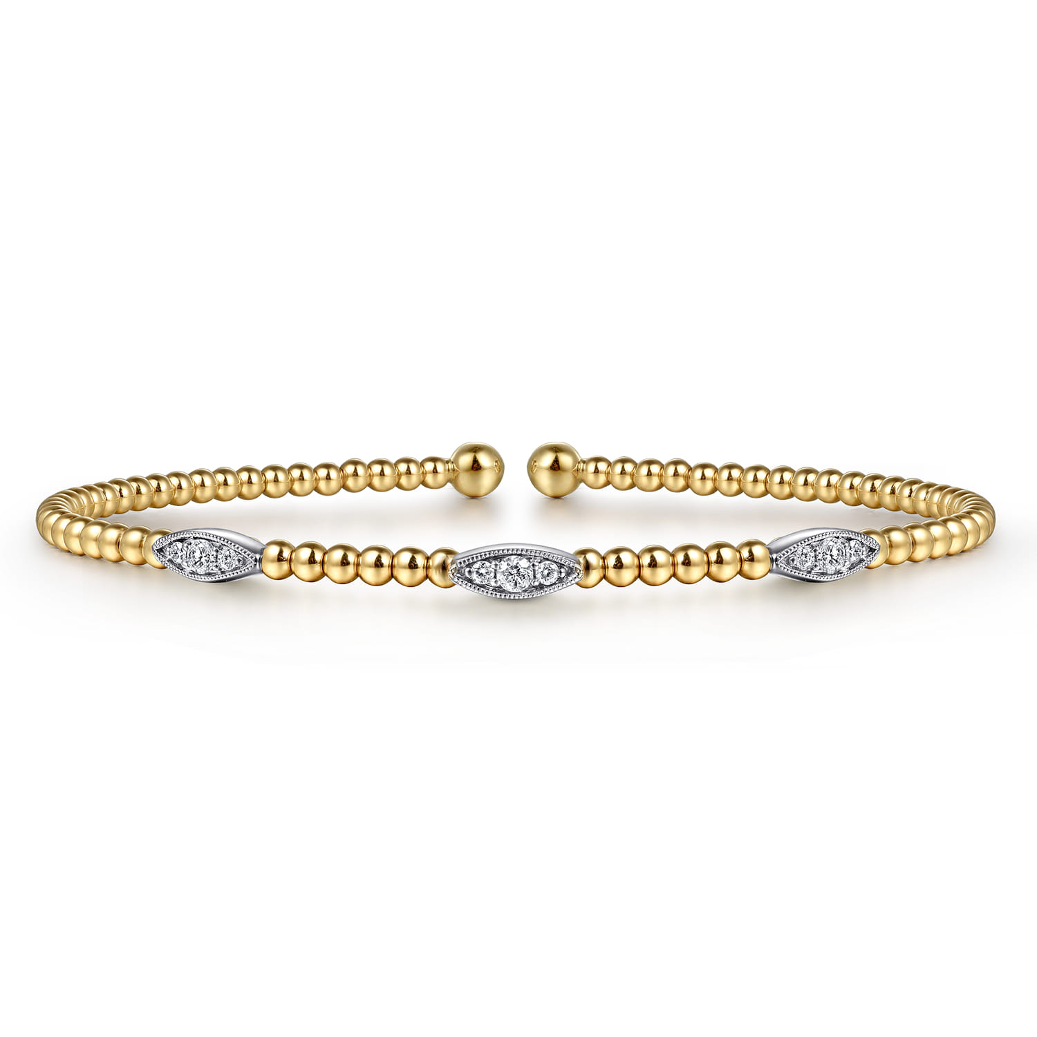 14K White-Yellow Gold Bujukan Bead Cuff Bracelet with Diamond Filled Marquise Stations - 0.17 ct - Shot 1