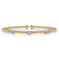 14K White-Yellow Gold Bujukan Bead Cuff Bracelet with Diamond Filled Marquise Stations