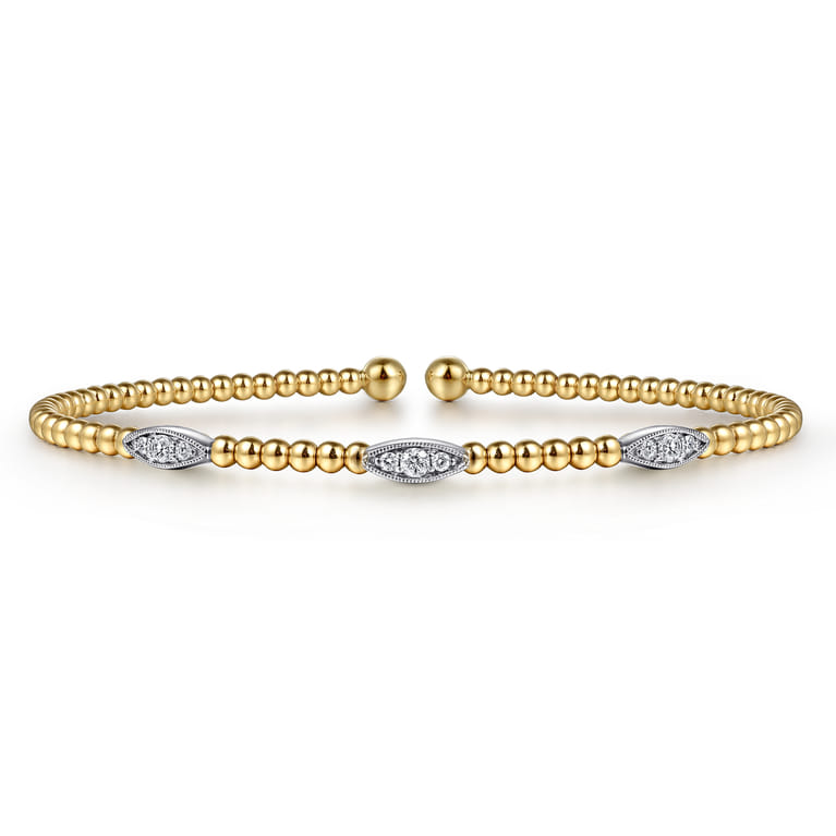 14K White-Yellow Gold Bujukan Bead Cuff Bracelet with Diamond Filled Marquise Stations - 0.17 ct - Shot 1