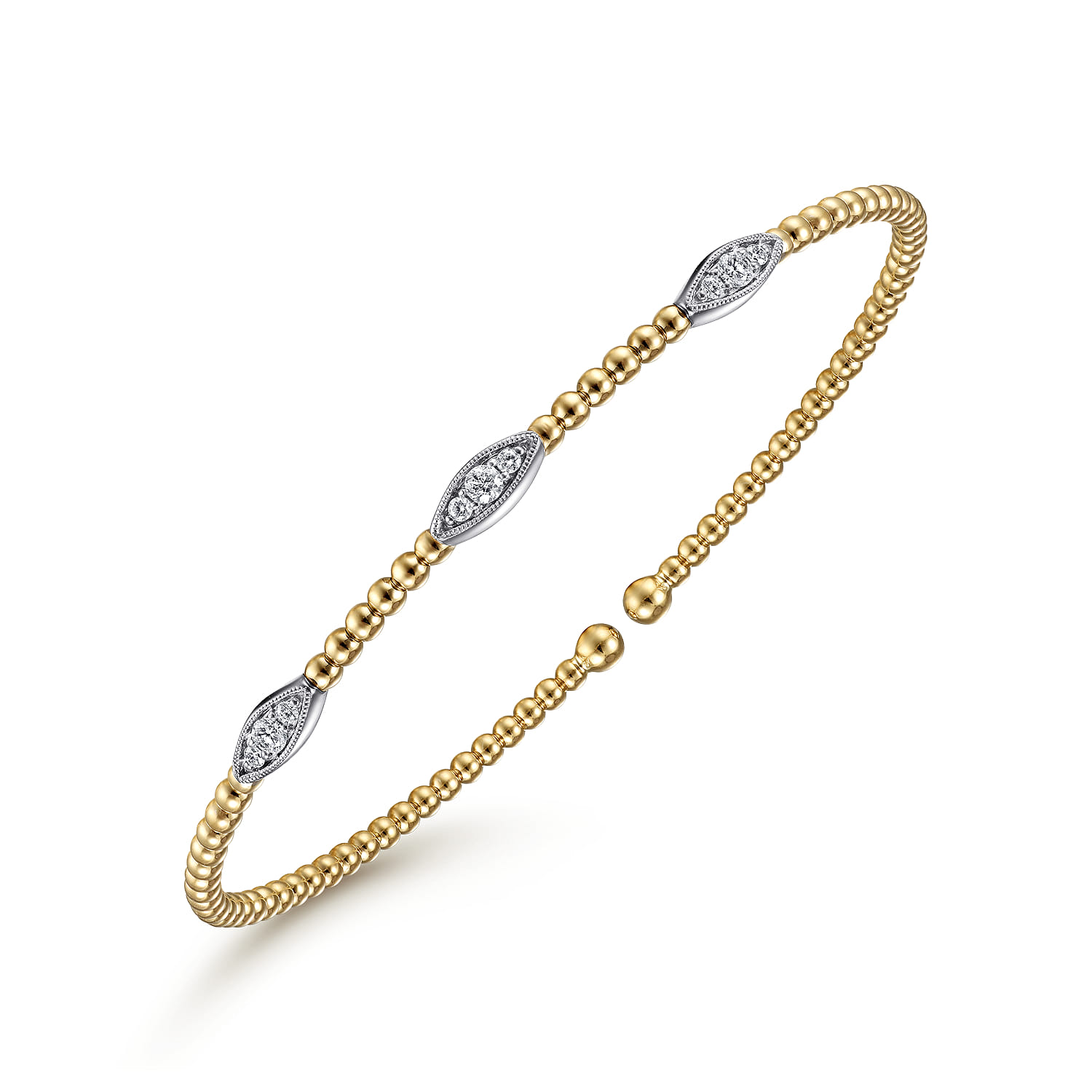 14K White-Yellow Gold Bujukan Bead Cuff Bracelet with Diamond Filled Marquise Stations - 0.17 ct - Shot 2