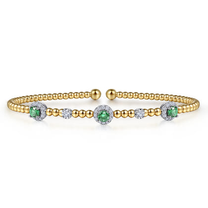14K White-Yellow Gold Bujukan Bead Cuff Bracelet with Emerald and Diamond Halo Stations