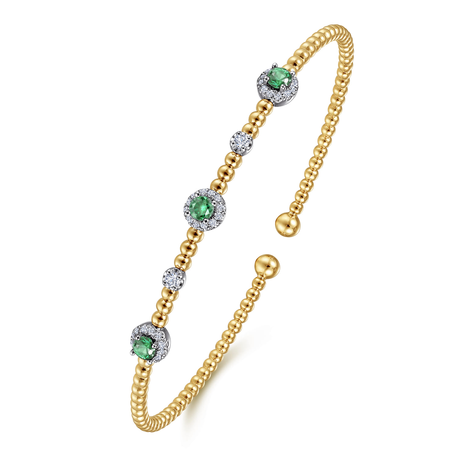 14K White-Yellow Gold Bujukan Bead Cuff Bracelet with Emerald and Diamond Halo Stations - 0.2 ct - Shot 2