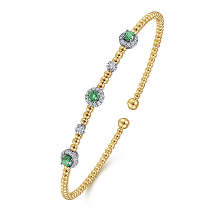 14K White-Yellow Gold Bujukan Bead Cuff Bracelet with Emerald and Diamond Halo Stations