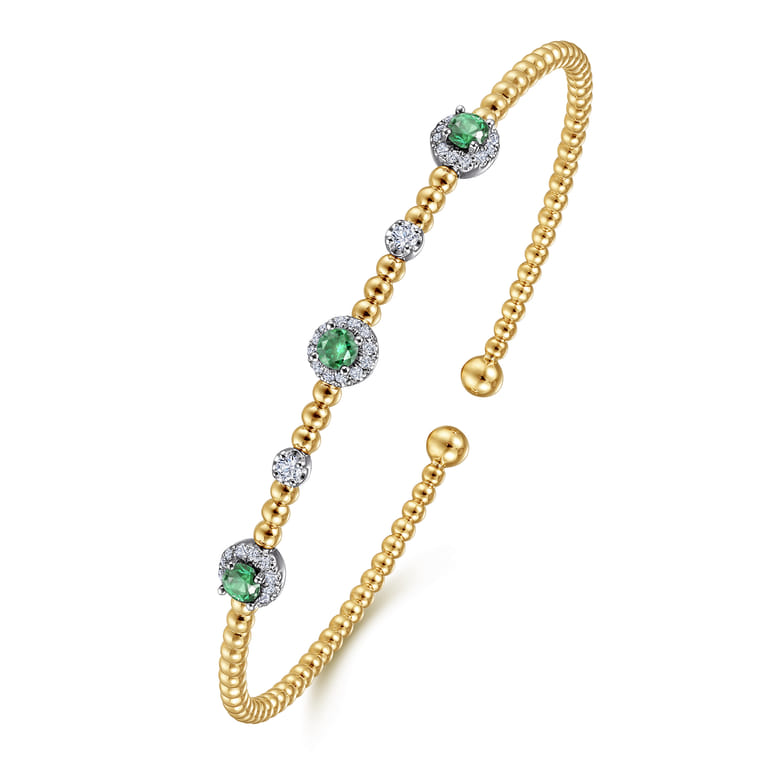 14K White-Yellow Gold Bujukan Bead Cuff Bracelet with Emerald and Diamond Halo Stations - 0.2 ct - Shot 2