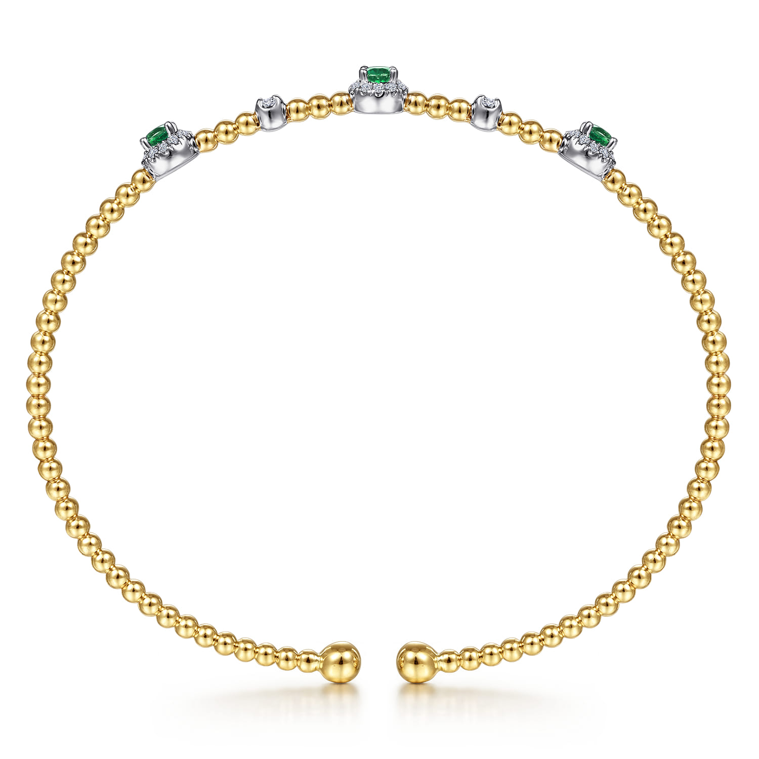14K White-Yellow Gold Bujukan Bead Cuff Bracelet with Emerald and Diamond Halo Stations - 0.2 ct - Shot 3
