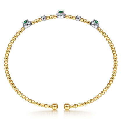 14K White-Yellow Gold Bujukan Bead Cuff Bracelet with Emerald and Diamond Halo Stations