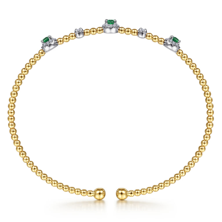 14K White-Yellow Gold Bujukan Bead Cuff Bracelet with Emerald and Diamond Halo Stations - 0.2 ct - Shot 3