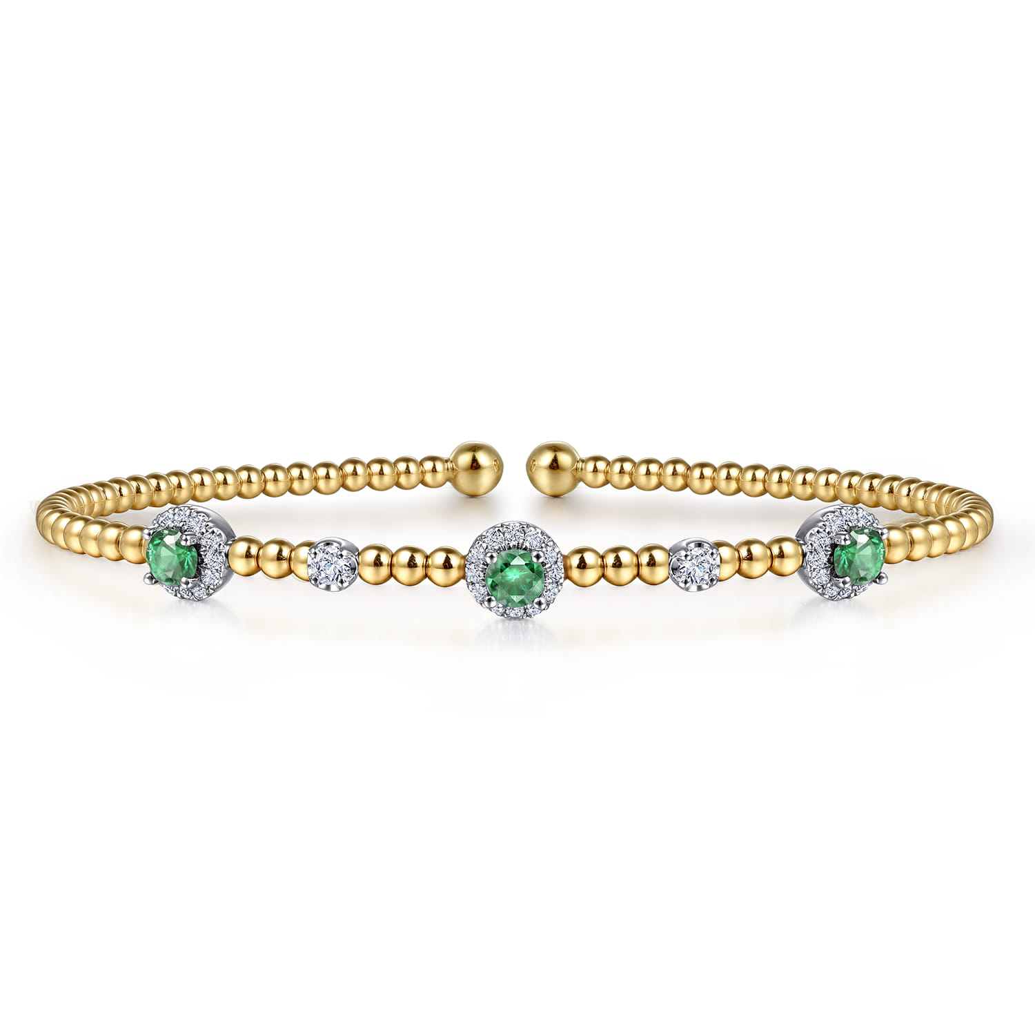 14K White-Yellow Gold Bujukan Bead Cuff Bracelet with Emerald and Diamond Halo Stations - 0.2 ct - Shot 1