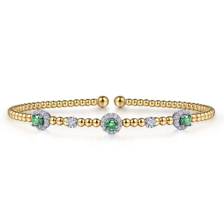 14K White-Yellow Gold Bujukan Bead Cuff Bracelet with Emerald and Diamond Halo Stations - 0.2 ct - Shot 1