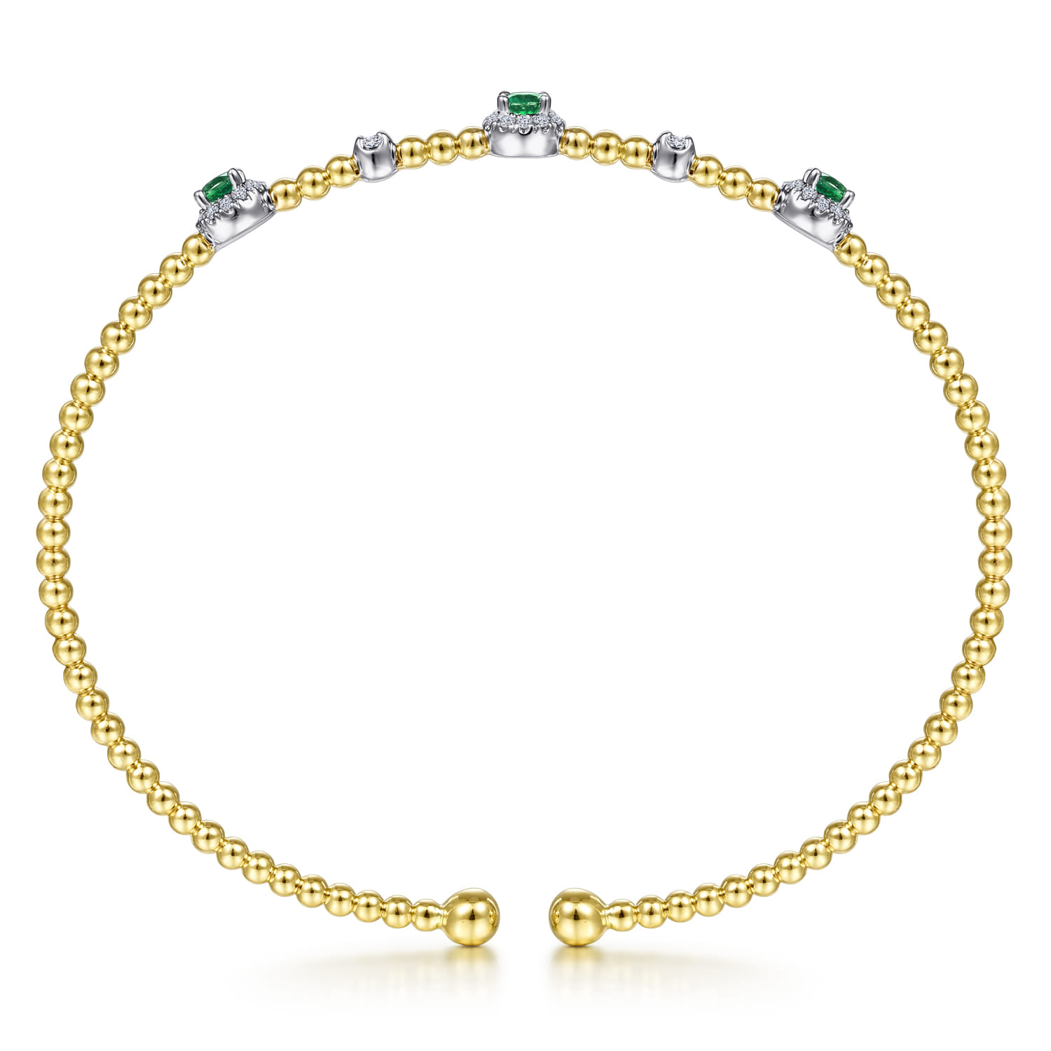 14K White-Yellow Gold Bujukan Bead Cuff Bracelet with Emerald and Diamond Halo Stations - 0.2 ct - Shot 3