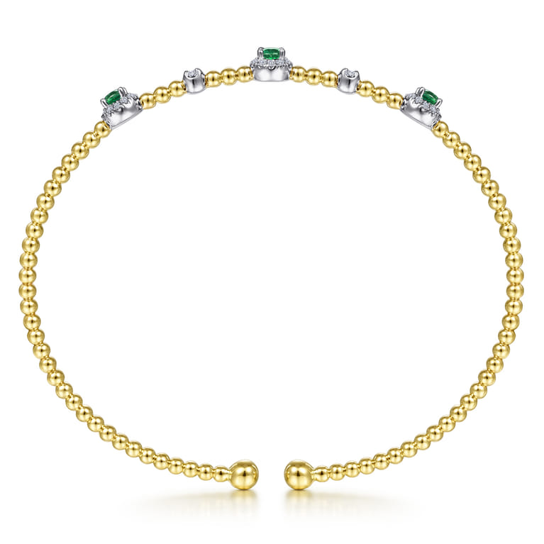 14K White-Yellow Gold Bujukan Bead Cuff Bracelet with Emerald and Diamond Halo Stations - 0.2 ct - Shot 3