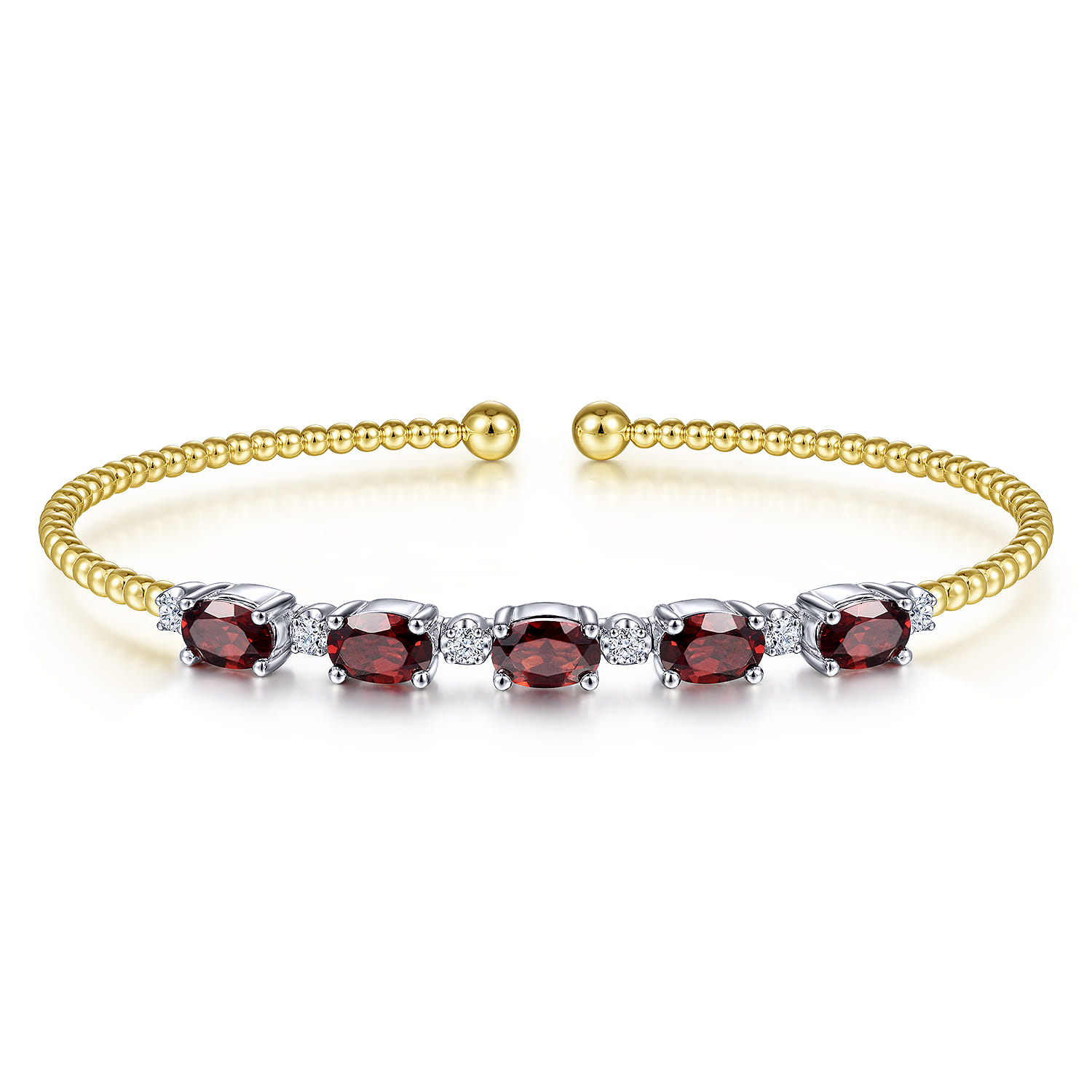 14K White-Yellow Gold Bujukan Bead Cuff Bracelet with Garnet and Diamond Stations - 0.21 ct - Shot 1