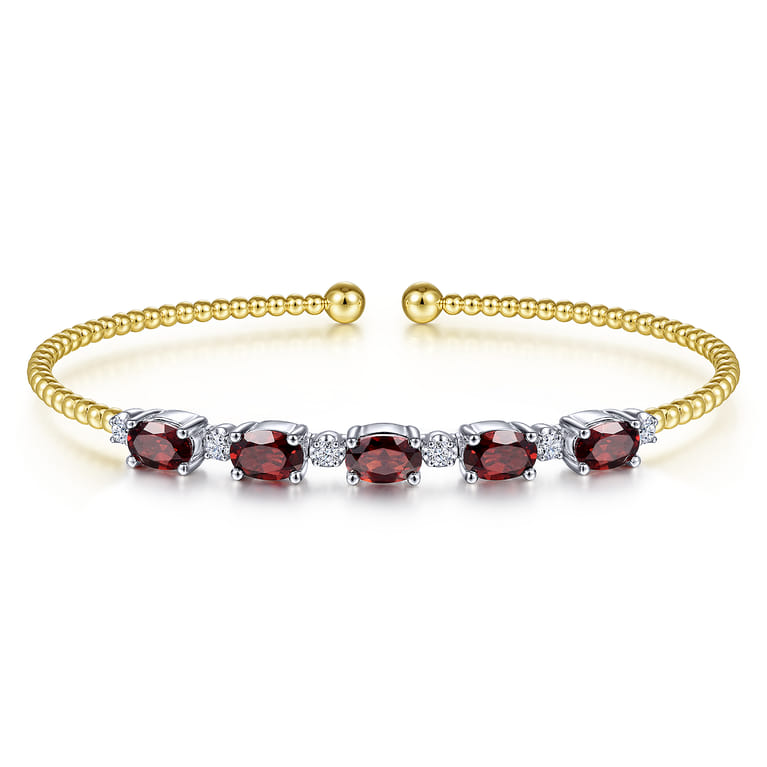 14K White-Yellow Gold Bujukan Bead Cuff Bracelet with Garnet and Diamond Stations - 0.21 ct - Shot 1