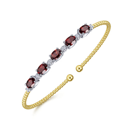 14K White-Yellow Gold Bujukan Bead Cuff Bracelet with Garnet and Diamond Stations