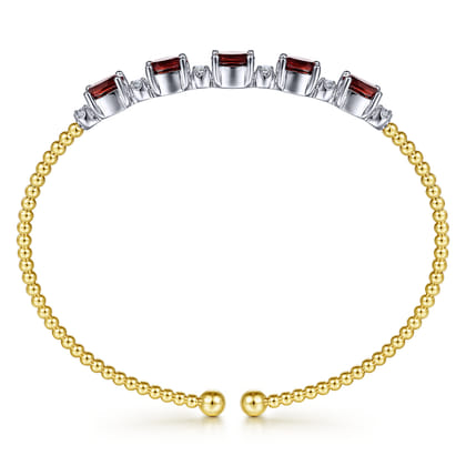 14K White-Yellow Gold Bujukan Bead Cuff Bracelet with Garnet and Diamond Stations