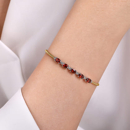 14K White-Yellow Gold Bujukan Bead Cuff Bracelet with Garnet and Diamond Stations