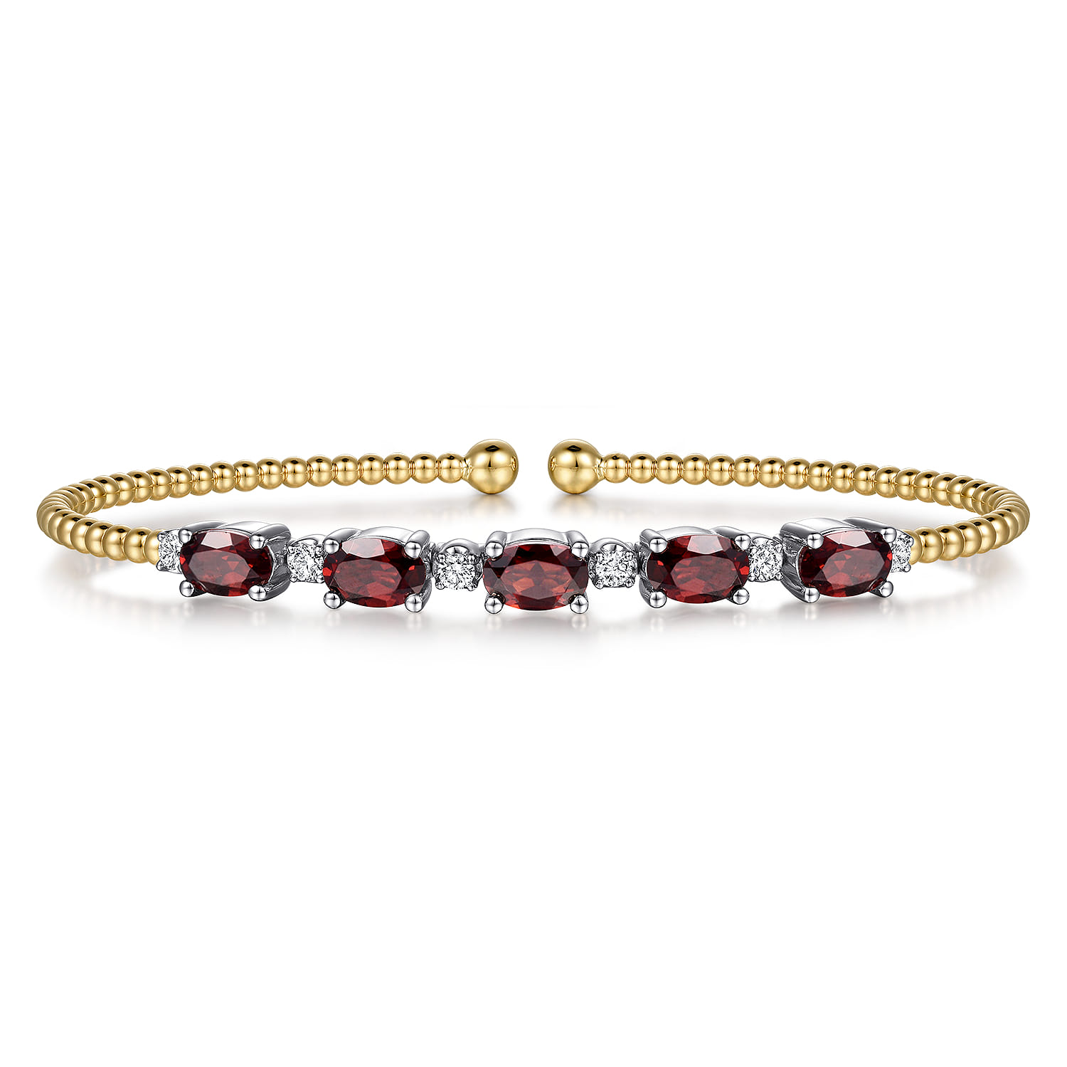 14K White-Yellow Gold Bujukan Bead Cuff Bracelet with Garnet and Diamond Stations - 0.21 ct - Shot 1