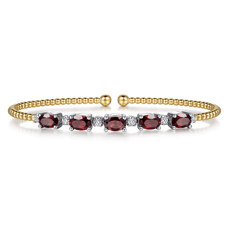 14K White-Yellow Gold Bujukan Bead Cuff Bracelet with Garnet and Diamond Stations - 0.21 ct - Shot 1