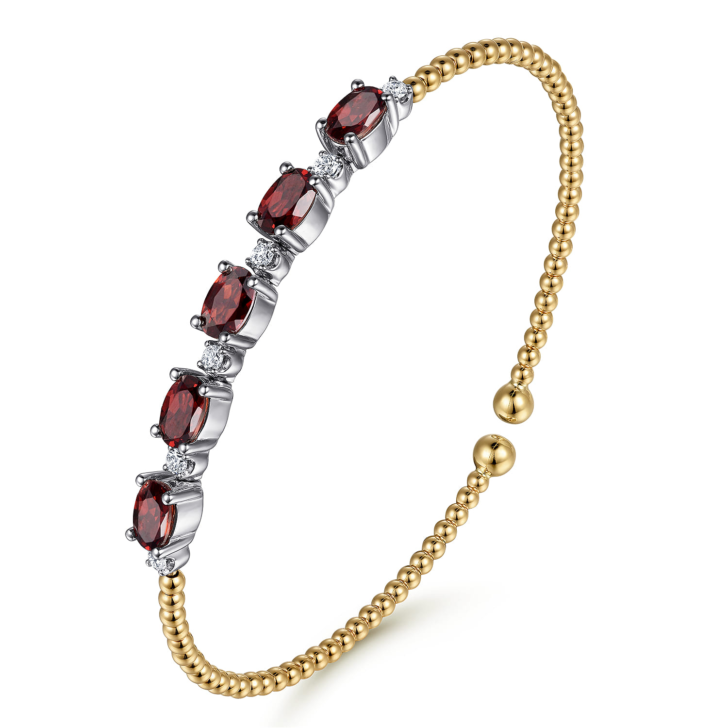 14K White-Yellow Gold Bujukan Bead Cuff Bracelet with Garnet and Diamond Stations - 0.21 ct - Shot 2