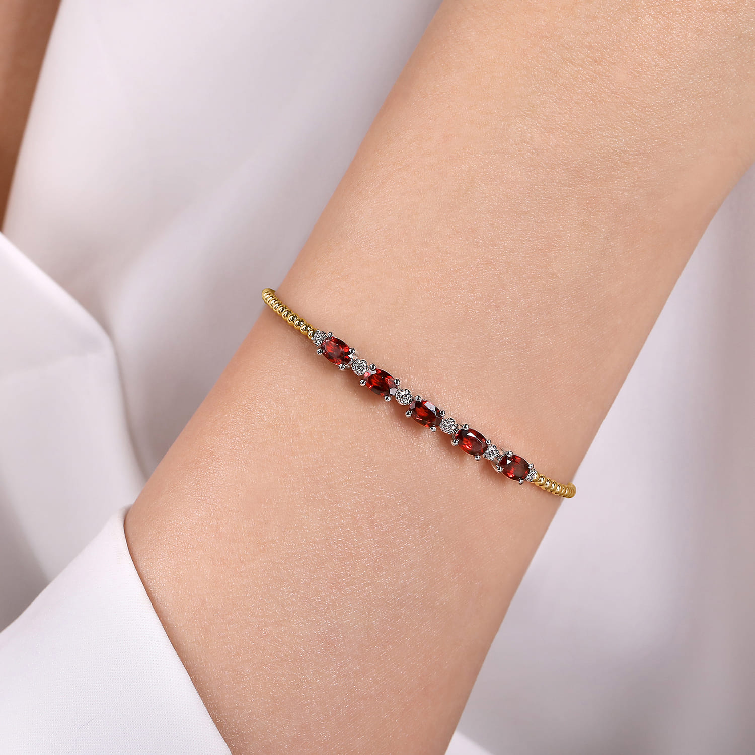 14K White-Yellow Gold Bujukan Bead Cuff Bracelet with Garnet and Diamond Stations - 0.21 ct - Shot 4