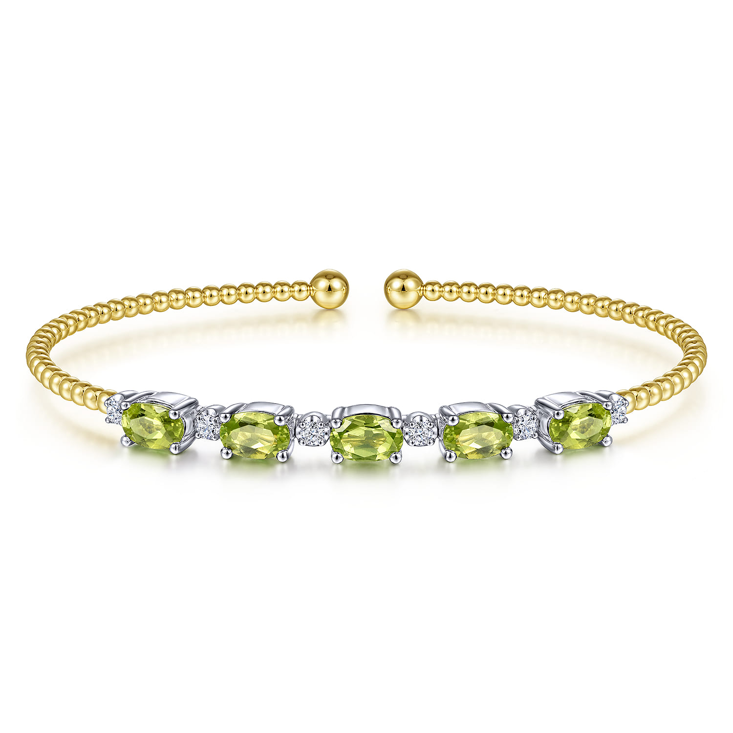 14K White-Yellow Gold Bujukan Bead Cuff Bracelet with Peridot and Diamond Stations - 0.21 ct - Shot 1