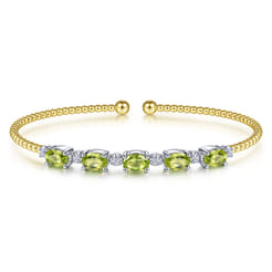 14K White-Yellow Gold Bujukan Bead Cuff Bracelet with Peridot and Diamond Stations