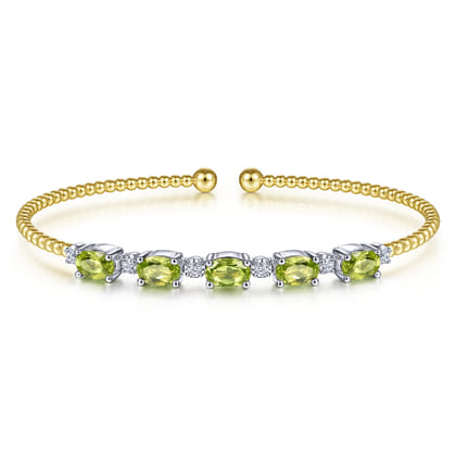 14K White-Yellow Gold Bujukan Bead Cuff Bracelet with Peridot and Diamond Stations